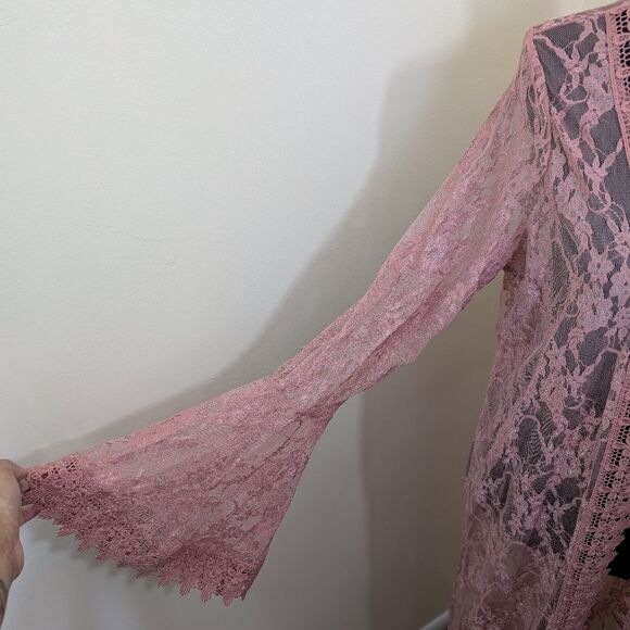 Polly Esther Cardigan Cover Up Pink Long Knit Crochet Bohemian Beach Large - Picture 8 of 10